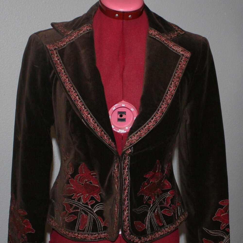 Vintage Ladies Brown Velvet Nygard Collections Petites Embroidered Jacket - Sz 2